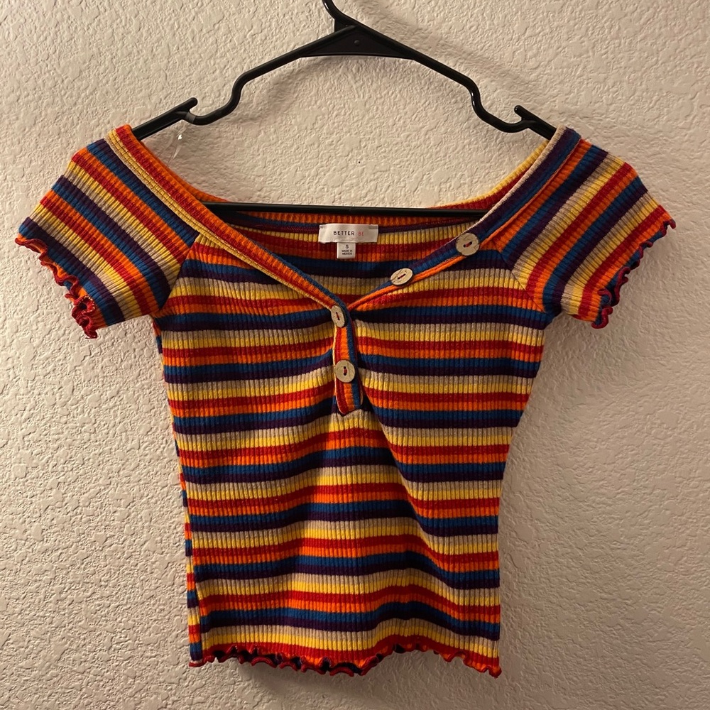 striped rainbow off the shoulder crop top
